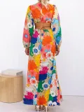 Spring long-sleeved print lace-up Open Waist Holidays street fashion dress for women