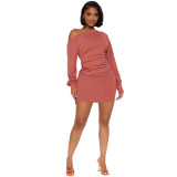 Women's Slash Shoulder pleated top Ribbed skirt sexy two-piece set