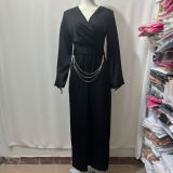 Chic Women's Solid Color V-Neck Metallic Decoration Long Sleeve High Waist Long Dress