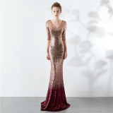 Long Sequin Half Sleeve V-neck Plus Size Fat Beauty Mermaid Formal Party Evening Dress