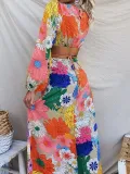 Spring long-sleeved print lace-up Open Waist Holidays street fashion dress for women