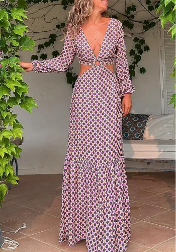 Spring v-neck long-sleeved Lace-Up Low Back irregular design printed fashion dress for women