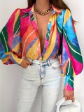 Plus Size Winter and Spring Turndown Collar Printed Fashion Shirt Tops for Women
