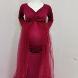 Solid long Sleeve Mesh Patchwork maternity long dress