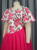 Spring Career V-neck lantern sleeve Mesh Patchowrk Printed A-line Swing dress