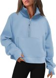 Autumn and Winter Women's Half-Zip Short Stand Collar Plush Solid Color Top
