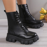 Plus Size Winter and Spring Leather Martin Boots Round Toe Thick Heel Thick Sole Women's Fashion Boots