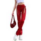 Women Hollow Lace-Up Straight PU-Leather Pant
