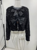 Women Round Neck lace-up sexy sequined long-sleeved jacket