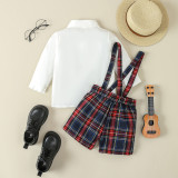 Boy Casual long-sleeved tie shirt and plaid overalls two-piece set