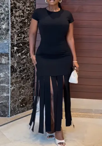 Plus Size Women Solid Tassel Basic Dress