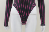Women Striped Fluorescent Turtleneck Long Sleeve Padded Shoulder Zipper Bodysuit