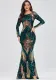 Plus Size Women Stretch Elegant Long Sleeve Round Neck Backless Sequined Mermaid Evening Gown