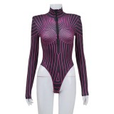 Women Striped Fluorescent Turtleneck Long Sleeve Padded Shoulder Zipper Bodysuit