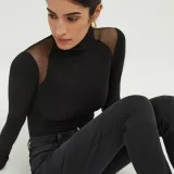 Women High Neck Long Sleeve Mesh Patchwork Stretch Sexy Bodysuit