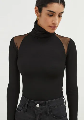 Women High Neck Long Sleeve Mesh Patchwork Stretch Sexy Bodysuit