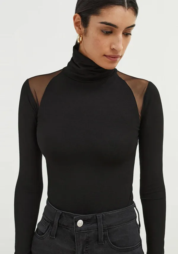 Women High Neck Long Sleeve Mesh Patchwork Stretch Sexy Bodysuit