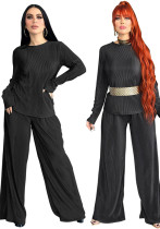 Women Loose Solid Long Sleeve Top and Wide Leg Pants Two-piece Set