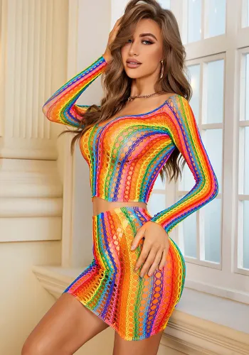 Women Knitting Contrast Color Jumpsuit Rainbow Long Sleeve Striped Net Clothing Sexy Lingerie