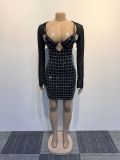 Women Sexy Mesh Top Beaded Elastic Suspender Bodycon Dress Two-piece Set