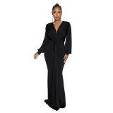 Women Solid Sexy V Neck Pleated Maxi Dress
