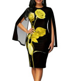 Plus Size Women Round Neck Cape Sleeve Maxi Print Slit Dress