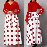 Plus Size Women Patchwork Polka Dot Print V-Neck Strappy Dress