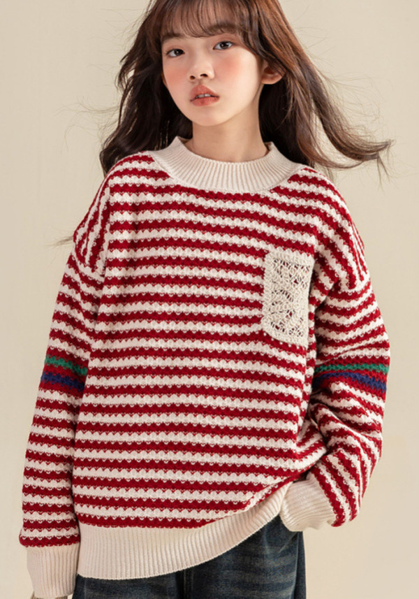Girl Winter Red Trendy Striped Sweater