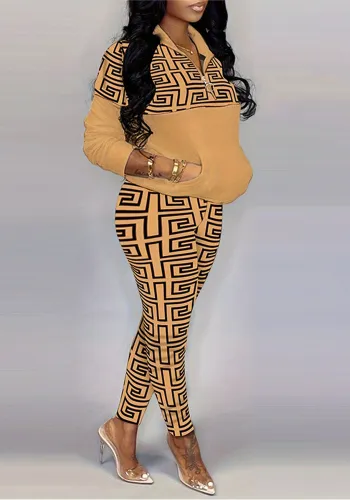 Plus Size Women Long Sleeve Zipper Printed Top and Pant Two-piece Set