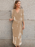 Women Lace Up Elegant Long Sleeve Solid Dress