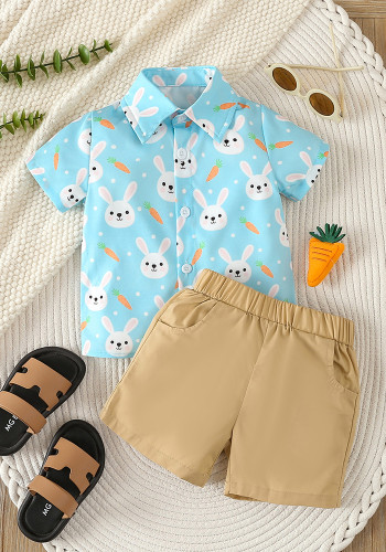 Boy summer cartoon bunny print short-sleeved shirt and Casual shorts two-piece set