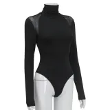 Women High Neck Long Sleeve Mesh Patchwork Stretch Sexy Bodysuit