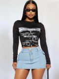 Women printed sexy long-sleeved Top and Style Skirt two-piece set