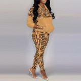 Plus Size Women Long Sleeve Zipper Printed Top and Pant Two-piece Set