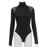 Women High Neck Long Sleeve Mesh Patchwork Stretch Sexy Bodysuit
