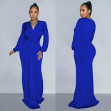 Women Solid Sexy V Neck Pleated Maxi Dress