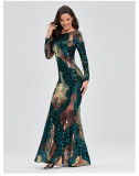 Plus Size Women Stretch Elegant Long Sleeve Round Neck Backless Sequined Mermaid Evening Gown