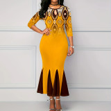 Plus Size Women Half-Sleeve Elegant Hollow Printed Fishtail Maxi Dress