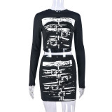 Women printed sexy long-sleeved Top and Style Skirt two-piece set