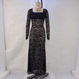 Women's Sexy Trendy Lace Patchwork See-Through Long Sleeve Square Neck Bodycon Long Dress