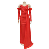Fashion Women's Solid Color Pleated Low Back Slit Maxi Dress