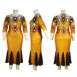 Plus Size Women Half-Sleeve Elegant Hollow Printed Fishtail Maxi Dress