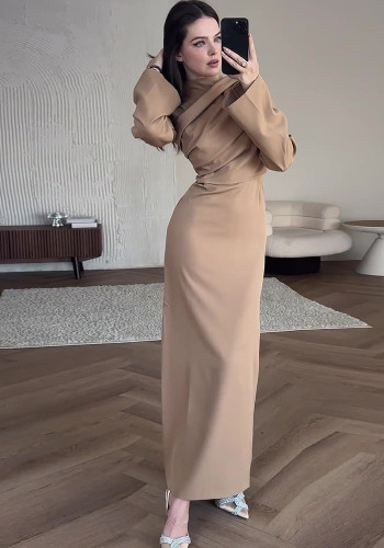 Muslim Spring Elegant Chic Solid Color Pleated Long Sleeve Dress