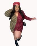 Women's Plus Size Sexy Turndown Collar V-Neck Contrast Color Patchwork Dtrawstring Dress