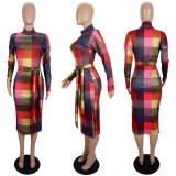 Women's Fashion Positioning Contrast Print Side Slit Slim Dress With Belt