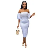 Women's Summer Chic Off Shoulder Puff Sleeve Slim Bodycon Split Dress