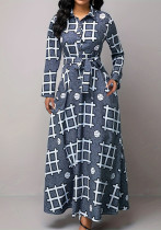 Women's Turndown Collar Slim Waist Printed Lace-Up Long Sleeve Swing Dress