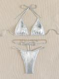 Sexy Silver Two Pieces Triangle Bikini Female Butterfly Chain Diamond Belt Swimsuit