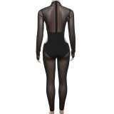 Women's Autumn and Winter mesh Patchwork Beaded See-Through Sexy Tight Fitting Butt Lift Jumpsuit