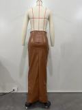 Autumn and winter women's PU high slit irregular skirt